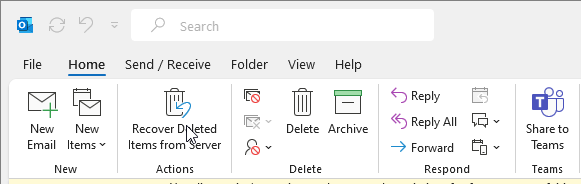 click on the Deleted Items folder. You will see a new option under the Home tab called “Recover Deleted Items from Server.